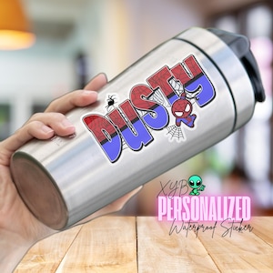 Superhero Name Sticker, Custom Waterproof Vinyl Decal, Spider Comic Book Theme, Water Bottle Gift, Laptop Label, School, Party Favor