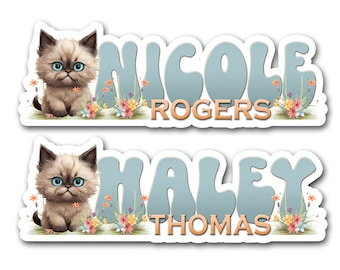Cute Kitty Cat Name Sticker, Custom First Last Name Waterproof Decals, Personalized School Supply Label, Stickers for Laptop Waterbottle