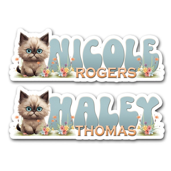 Cute Kitty Cat Name Sticker, Custom First Last Name Waterproof Decals, Personalized School Supply Label, Stickers for Laptop Waterbottle