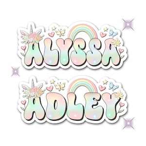 Rainbow Unicorn Name Sticker, Cute Retro Sticker, Custom Text Sticker, Personalized Decal, Water Bottle Sticker, Daycare School Supply Label
