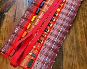 NEW Crayon Roll for Waldorf or Montessori, handwoven fabric, 24 slots for block and stick beeswax crayons, fold roll & tie