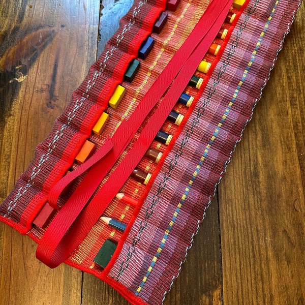 NEW Crayon Roll for Waldorf or Montessori, handwoven fabric, 24 slots for block and stick beeswax crayons, fold roll & tie