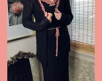 Vintage black crochet dress and cardigan with pink crochet floral trims, small