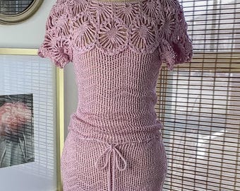 Vintage 1970s Oscar De La Renta soft lilac crochet knit midi dress, small