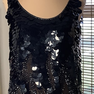 Vintage Black sleeveless beaded shimmy top with paillettes by Avallon, small-medium