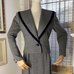 Vintage 1970s black white herringbone wool blend skirt suit by Sasson, small