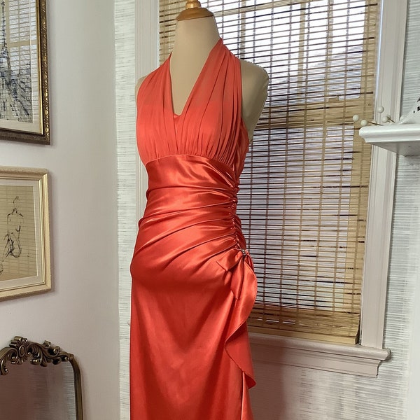 Vintage 80s does 30s coral satin and chiffon Harlow style gown, small