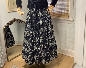 Vintage black and ivory floral midi skirt by Effeci, medium-large