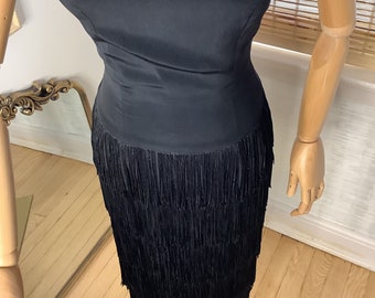 Vintage little black fringed wiggle dress by Jr Theme NY, small