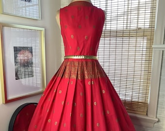 Vintage late 50s red and gold paisley block print dress, small HAS FLAW