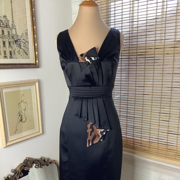 Retro style black satin with cheetah trim Jax cocktail wiggle dress, medium