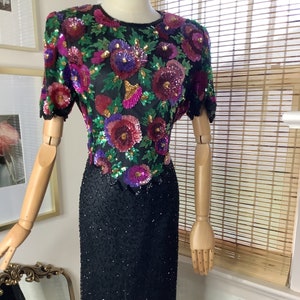 Vintage 1980s beaded and sequined colorful silk dress by Laurence Kazar, medium