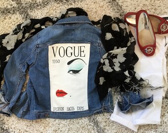 Hand painted denim jacket, vintage Vogue, upcycled denim jacket