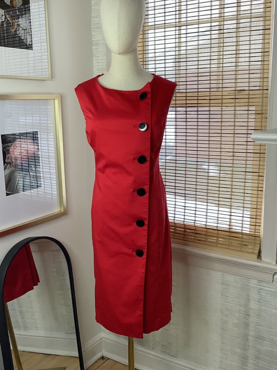 Vintage 1980s red sleeveless button front dress b… - image 1