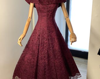 Vintage 80s does 50s wine colored lace midi dress by Cachet, small-medium