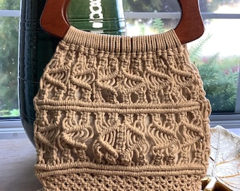 Vintage 1970s macrame and muslin handbag with wood handles