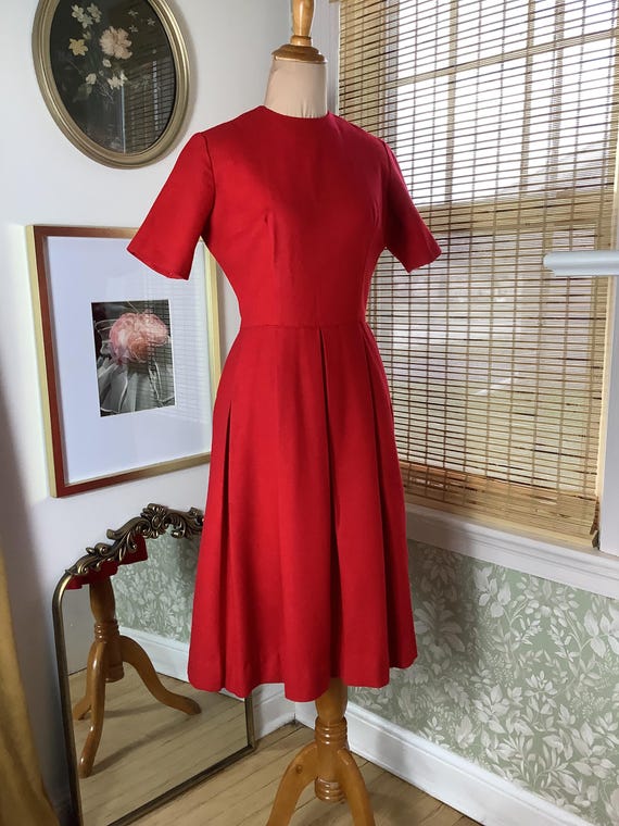 cherry red vintage dress Vintage cherry red union made wool dress with box pleat skirt portion, small