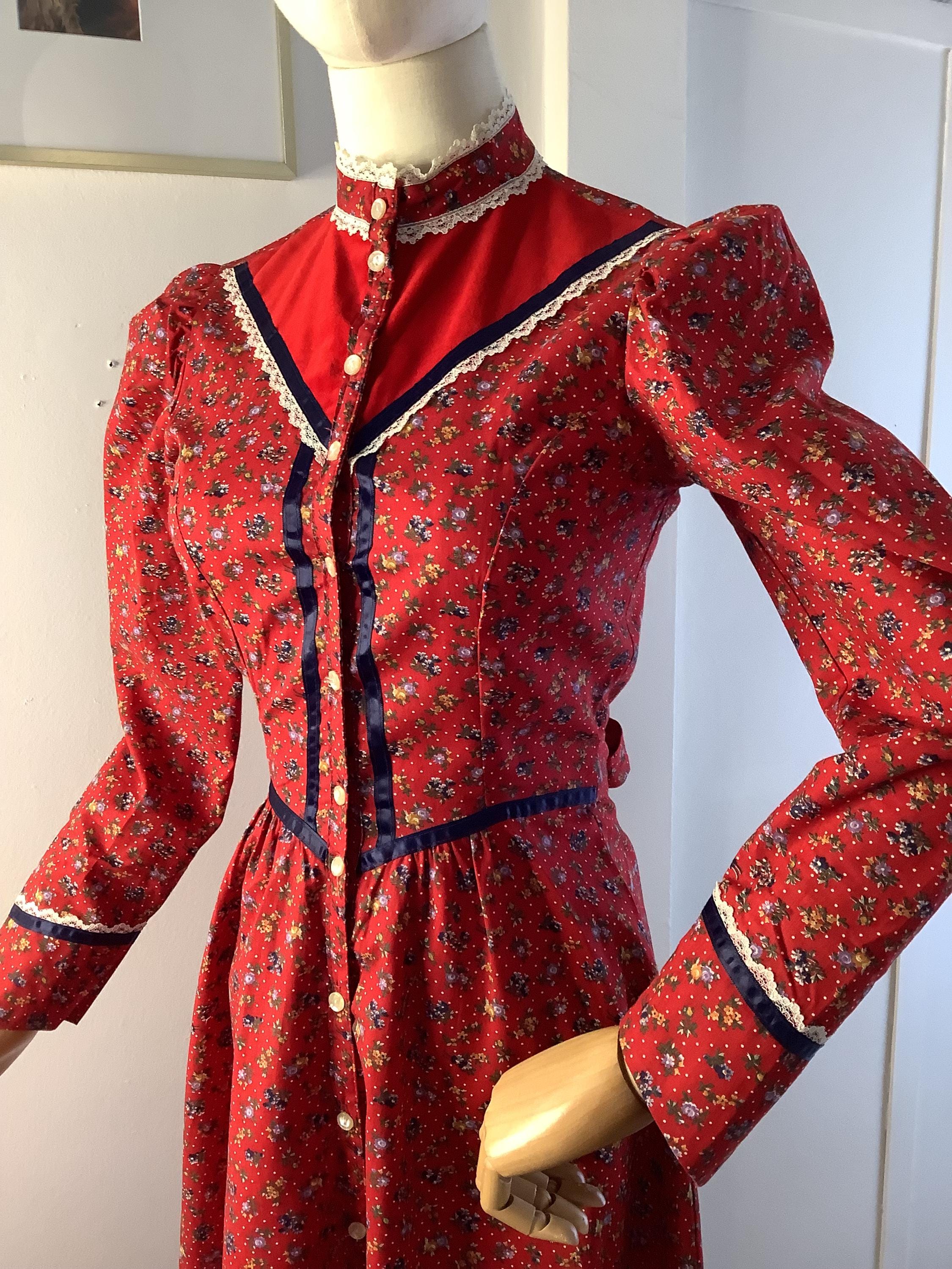Vintage 1970s red floral print prairie style dress by Eber San Francisco, small