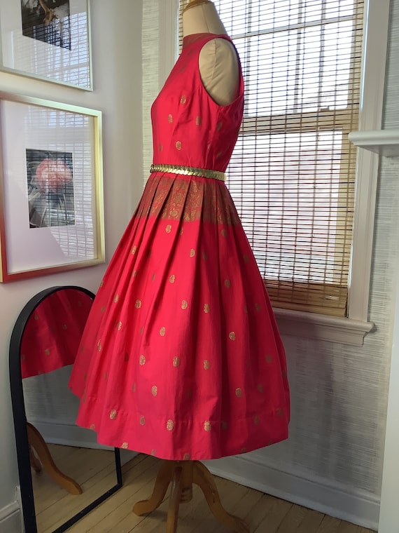 Vintage Late 50s Red and Gold Paisley Block Print Dress, Small Has Flaw
