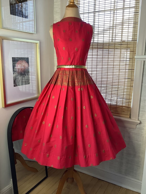 Vintage late 50s red and gold paisley block print 