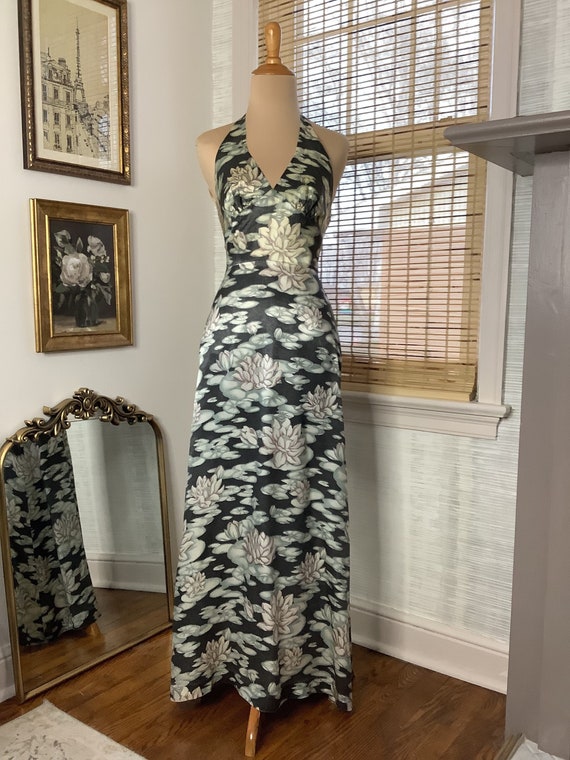 1970s satin lily pad print halter maxi dress, smal