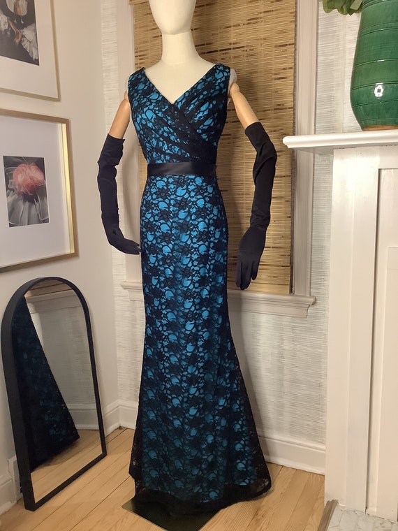 Vintage MoriLee deep blue and black lace gown, lar
