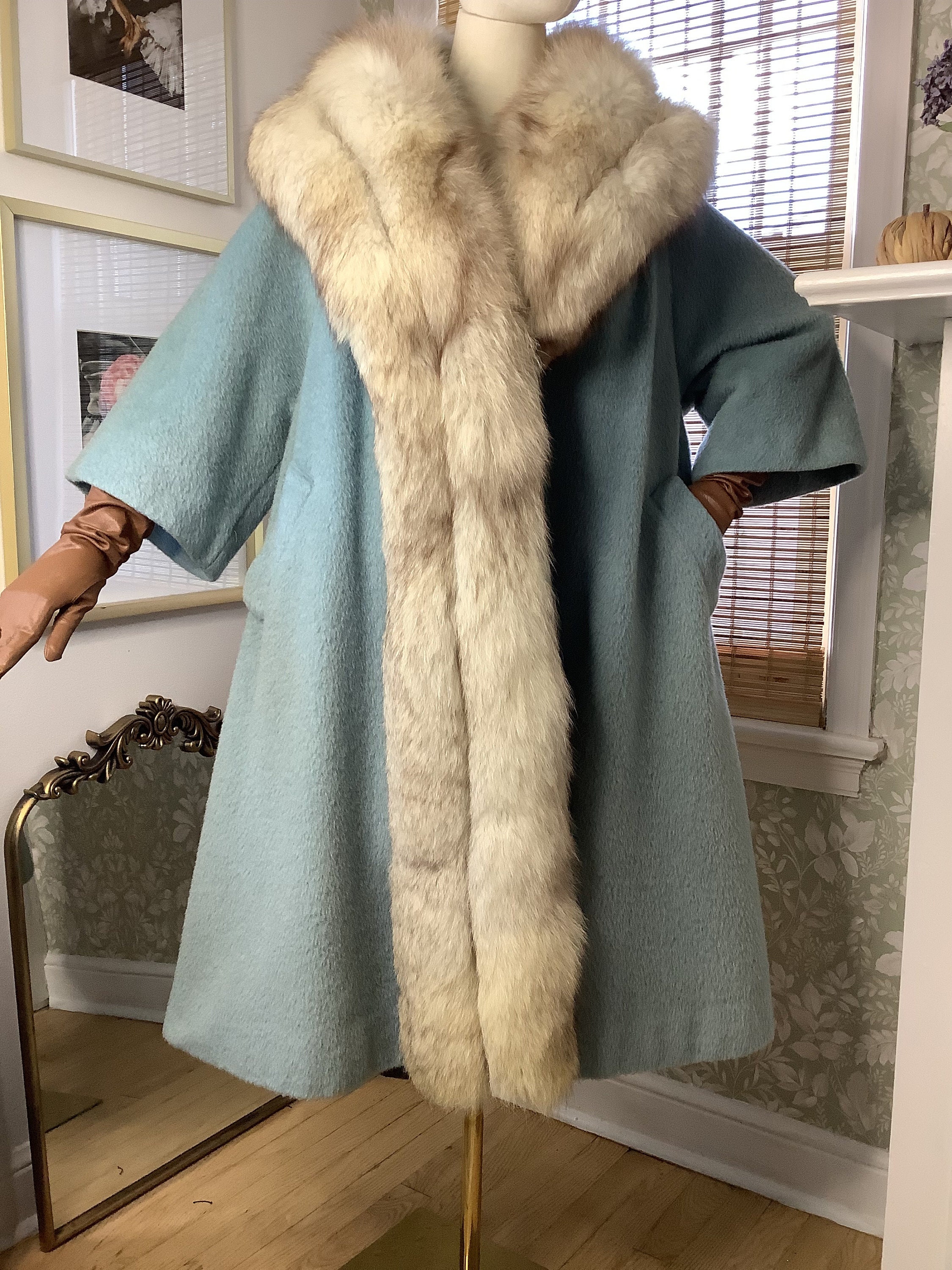 Vintage 1960s Lilli Ann Light Blue Mohair and Fox Fur Swing Coat Medium large Etsy