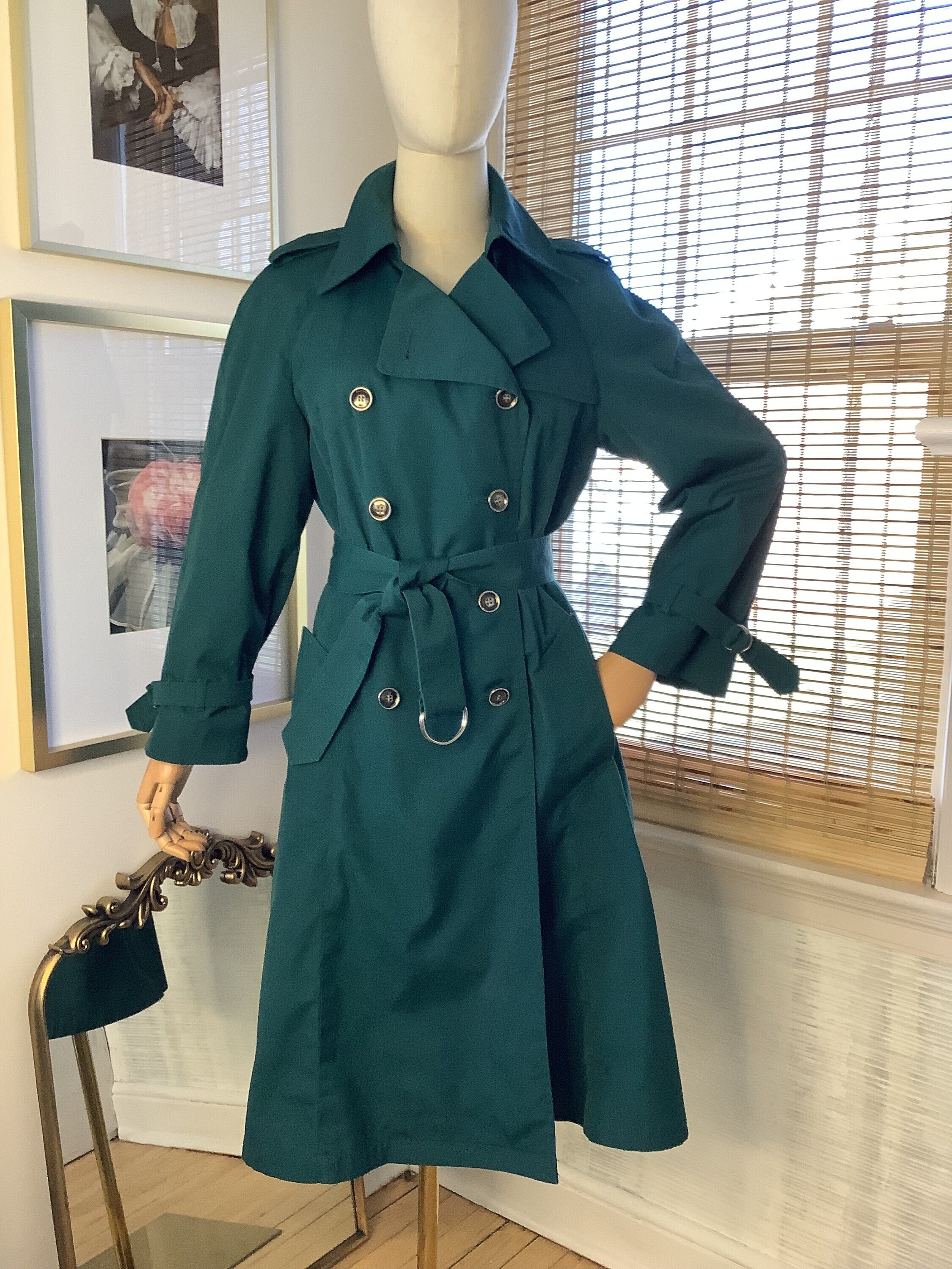 Vintage pine green London Fog Maincoats double breasted belted trench with removable Sherpa type liner small