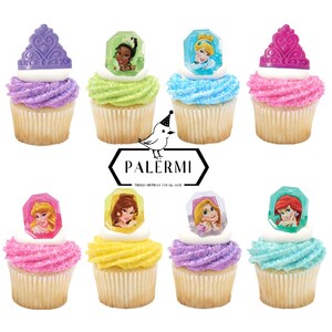 May include: Set of 8 princess themed cupcake toppers. Each topper features a different princess character from Disney's animated films. The toppers are made of plastic and are designed to be placed on top of cupcakes. The toppers are colorful and feature the princesses in their signature outfits. The toppers are perfect for a princess-themed party.