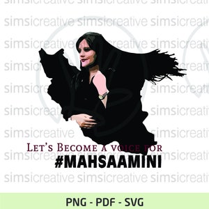 Peut inclure: Illustration d'une femme vêtue de noir, sur fond de silhouette d'un pays. Le texte dit "Let's Become a Voice for #MahsaAmini." L'image comprend également "PNG - PDF - SVG".