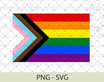 Può includere: Una bandiera arcobaleno con un chevron nero e marrone sul lato sinistro, che rappresenta l'inclusione delle persone nere e marroni nella comunità LGBTQ+. La bandiera ha i colori dell'arcobaleno tradizionali: rosso, arancione, giallo, verde, blu e viola.
