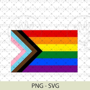 May include: A pride flag with a black and brown chevron on the left side, representing the inclusion of Black and Brown people in the LGBTQ+ community. The flag has the traditional rainbow colors: red, orange, yellow, green, blue, and purple.
