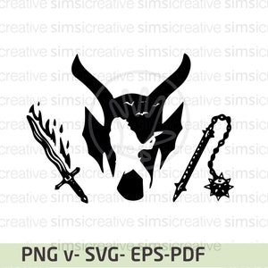 Op de afbeelding: Zwart-witte silhouet van een demon met hoorns, een zwaard en een ketting met punten. De demon kijkt naar voren met zijn armen omhoog. Het zwaard en de ketting bevinden zich aan beide kanten van de demon.