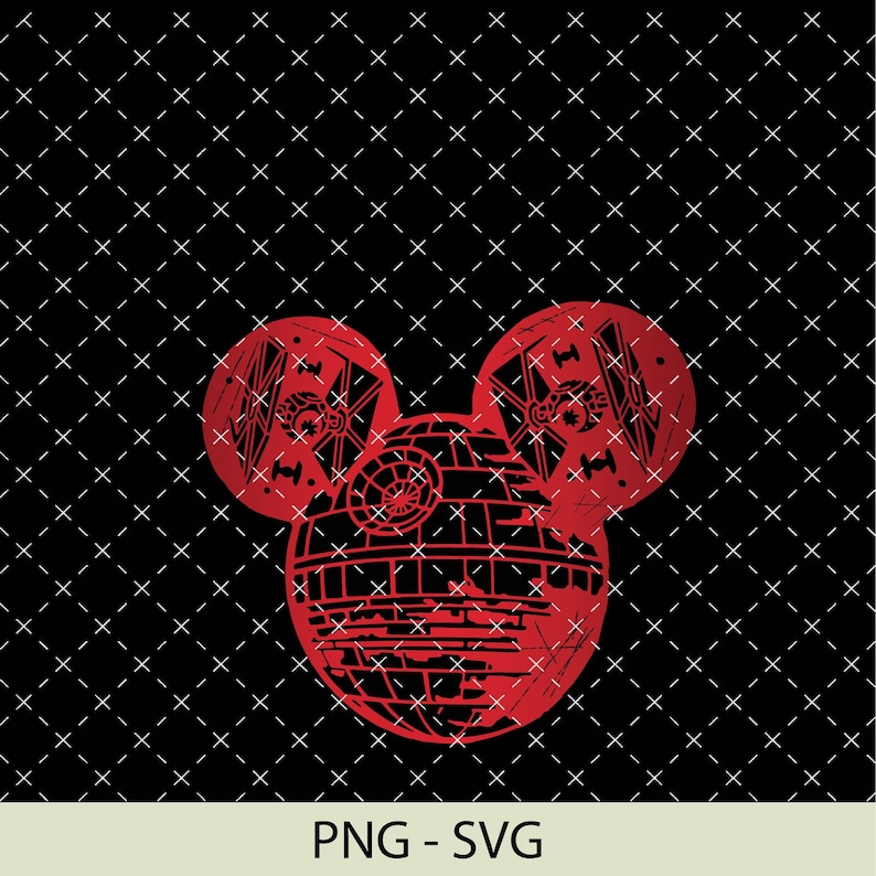 May include: Red silhouette of a Death Star from Star Wars, shaped like Mickey Mouse ears. The Death Star is a large, spherical space station with a trench running around its equator.