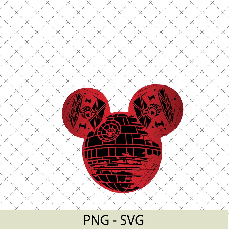 May include: A red Mickey Mouse silhouette with a black Death Star from Star Wars in the center. The ears of the Mickey Mouse silhouette have a black TIE fighter in each ear.