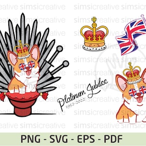 Corgi Dog Union Jack thrones with Sunglasses Eps Png Svg, The Queen&#39;s Platinum Jubilee Png, Queen Elizabeth II Celebration Set,Elizabeth II