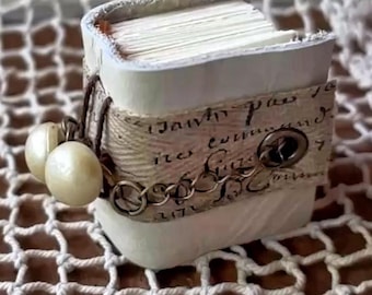 Beige Leather Miniature Book, Vintage Pearl Buttons and Aged Herringbone Ribbon, Chain Wrapped Closure
