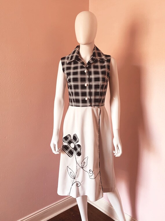 Vintage 1970s Plaid Floral Skater Dress size M-L