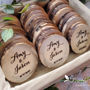 Bulk Wedding Favors Personalized Engraved names on Wooden Coasters Rustic wedding décor gifts for guests Natural Party Favors keepsakes