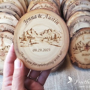 Rustic Mountain Wedding Favors for guests in Bulk Personalized Engraved Wooden Coasters Mountain wedding décor Customized gifts for guests