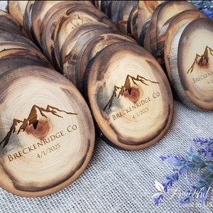 Bulk Mountain theme Wedding Favors Personalized Engraved Wooden Coasters Rustic Mountain wedding décor Customized Bulk gifts for guests