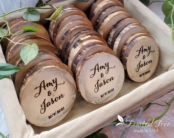 Bulk Wedding Favors Personalized Engraved names on Wooden Coasters Rustic wedding décor gifts for guests Natural Party Favors keepsakes