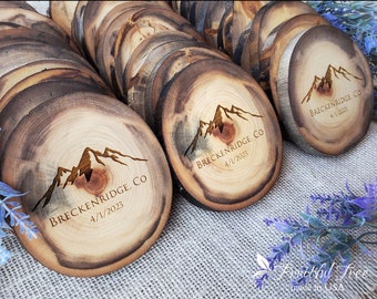 Bulk Mountain theme Wedding Favors Personalized Engraved Wooden Coasters Rustic Mountain wedding décor Customized Bulk gifts for guests