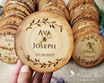 Personalized Wood Slice Coasters with Wreath of Leaves Wedding Favors Rustic Wooden décor gifts for guests Custom Bulk Party Favors