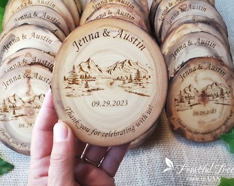Mountain Lake Scene Wedding Favors for guests Bulk Personalized Engraved Wooden Coasters Mountain wedding décor Customized gifts for guests