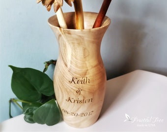 Engraved Handmade Wooden vase sculpture Personalized Anniversary gift natural home decor 5 year Anniversary gift wood vase for dried flowers