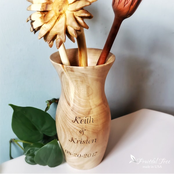 Engraved Handmade Wooden vase sculpture Personalized Anniversary gift natural home decor 5 year Anniversary gift wood vase for dried flowers
