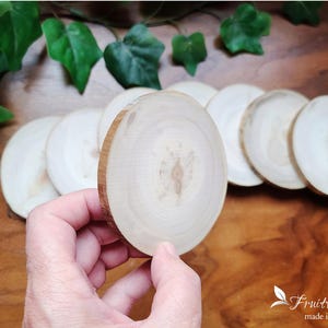 May include: A set of six natural wood round slices, ideal for crafting or decorating. The slices are smooth and have a light brown colour.