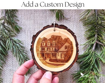 Custom Engraved Wooden Ornaments Photo on Wood Live Edge Rustic Tree Slice Personalized Christmas Ornaments with my Design Business Logo