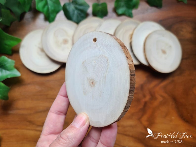 Peut inclure: Gros plan sur un disque rond en bois blanc avec un trou au centre. Le disque est tenu par une main. Le disque fait partie d'un ensemble de disques en bois.